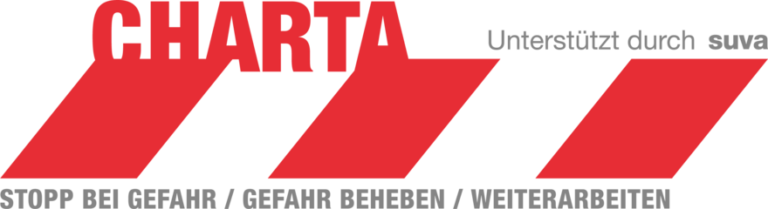 Grafik mit Schriftzug Charta und roten Balken. Untersützt durch die suva. Slogan 